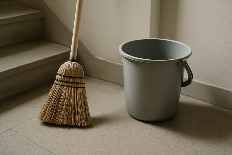 Gros plan d'un balai et d'un seau sur un palier d'escalier, lumière naturelle