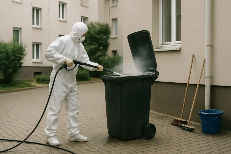 Personne nettoyant un conteneur poubelle dans une cour d'immeuble, utilisant des outils appropriés.