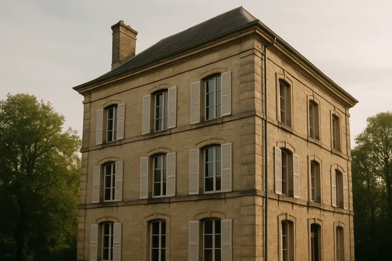 Immeuble ancien dans les Ardennes, éclairé par la lumière matinale, perspective en contre-plongée.
