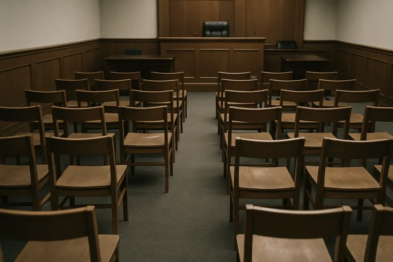 Salle d'audience vide avec rangées de chaises, lumière tamisée, ambiance sérieuse